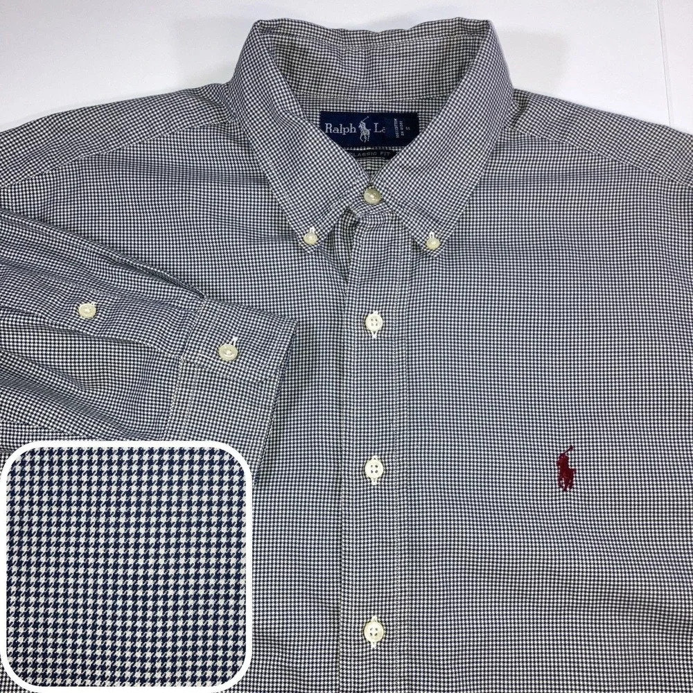 Polo Ralph Lauren Shirt Mens XL 17.5 Houndstooth Navy White L/S Button Down Flaw